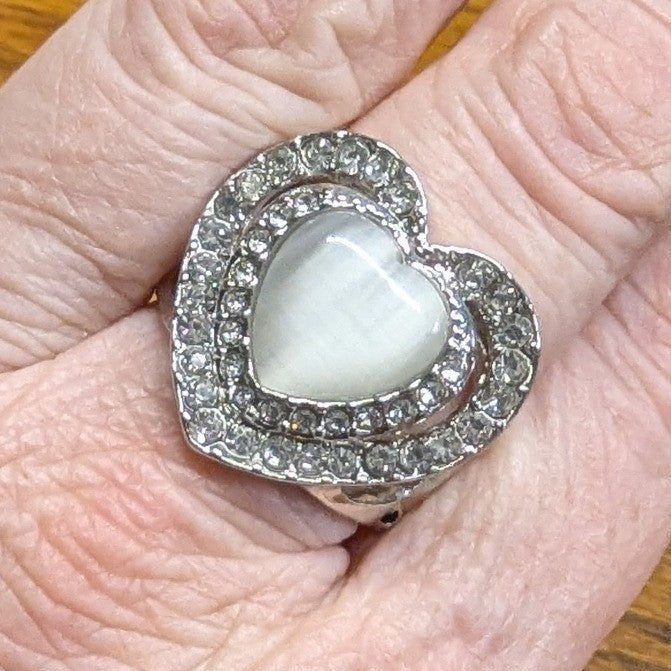 New Heart Ring Silver Tone Cat Eye Moonstone Rhinestone Stretch Band PLus Size