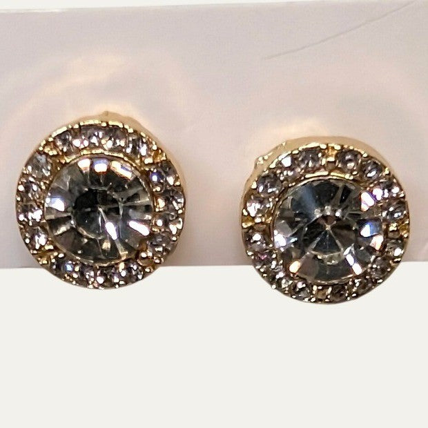 New Clip-On Earrings 14K GP Gold PLated Clear Rhinestone Halo Crystal Pave Round