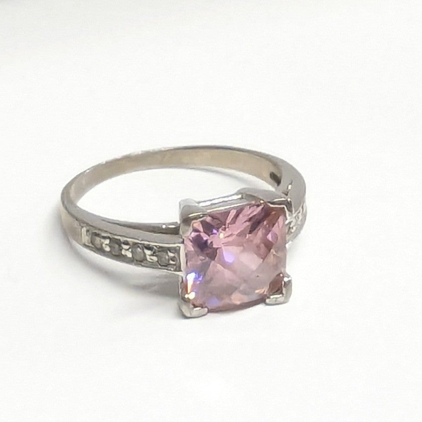 Sterling Silver 925 Pink Stone Ring Size 6.5 Square Cut Faceted Clear Rhinestone