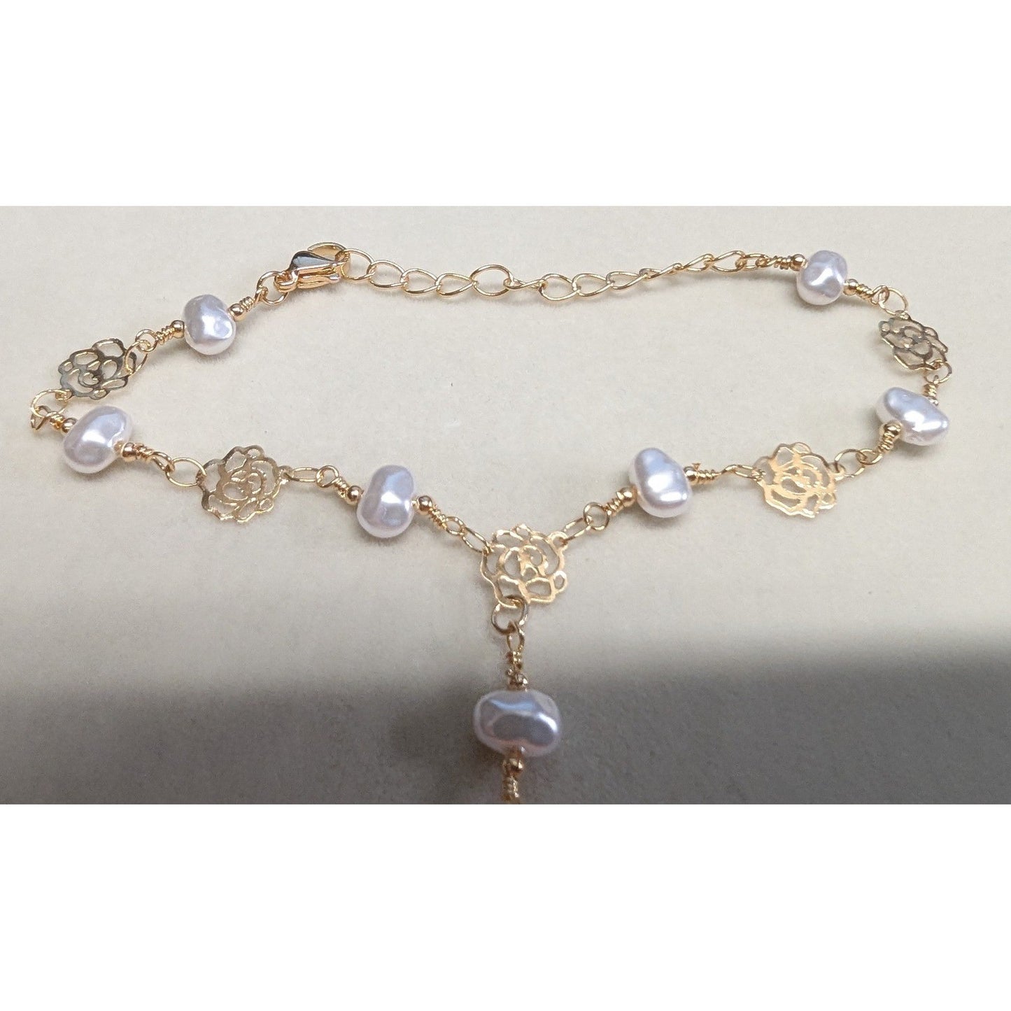 New Hand Slave Bracelet Ring 14K GP Gold PLated Faux Pearl Rose Filigree Boho