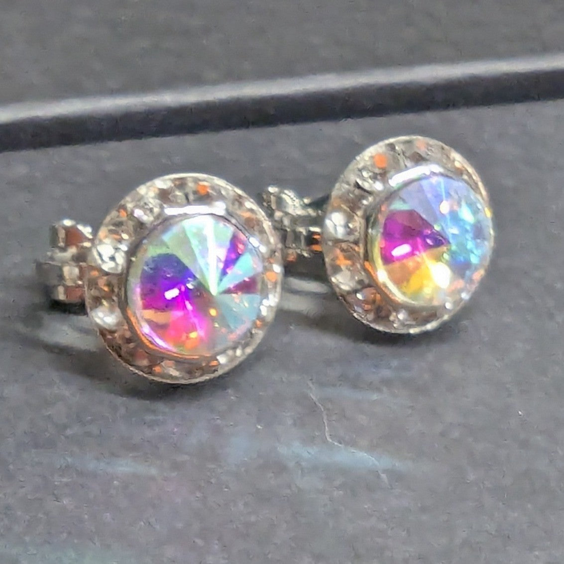 New Clip On Earrings Silver PLated Aurora Borealis AB Crystal Halo Round Wedding