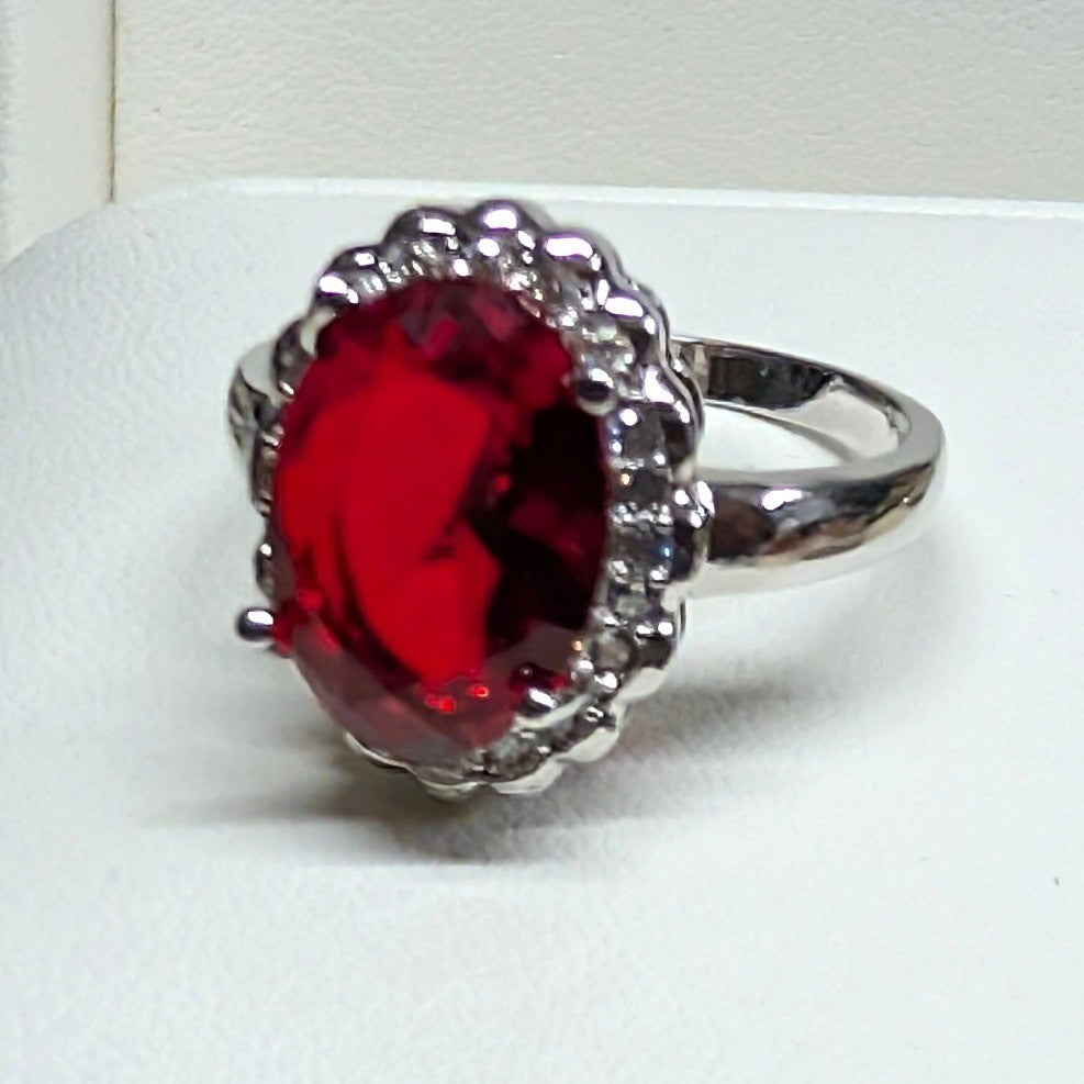 New 925 Marked Red Stone Halo Ring Plus Size 9.5 SilverTone Oval Rhinestones