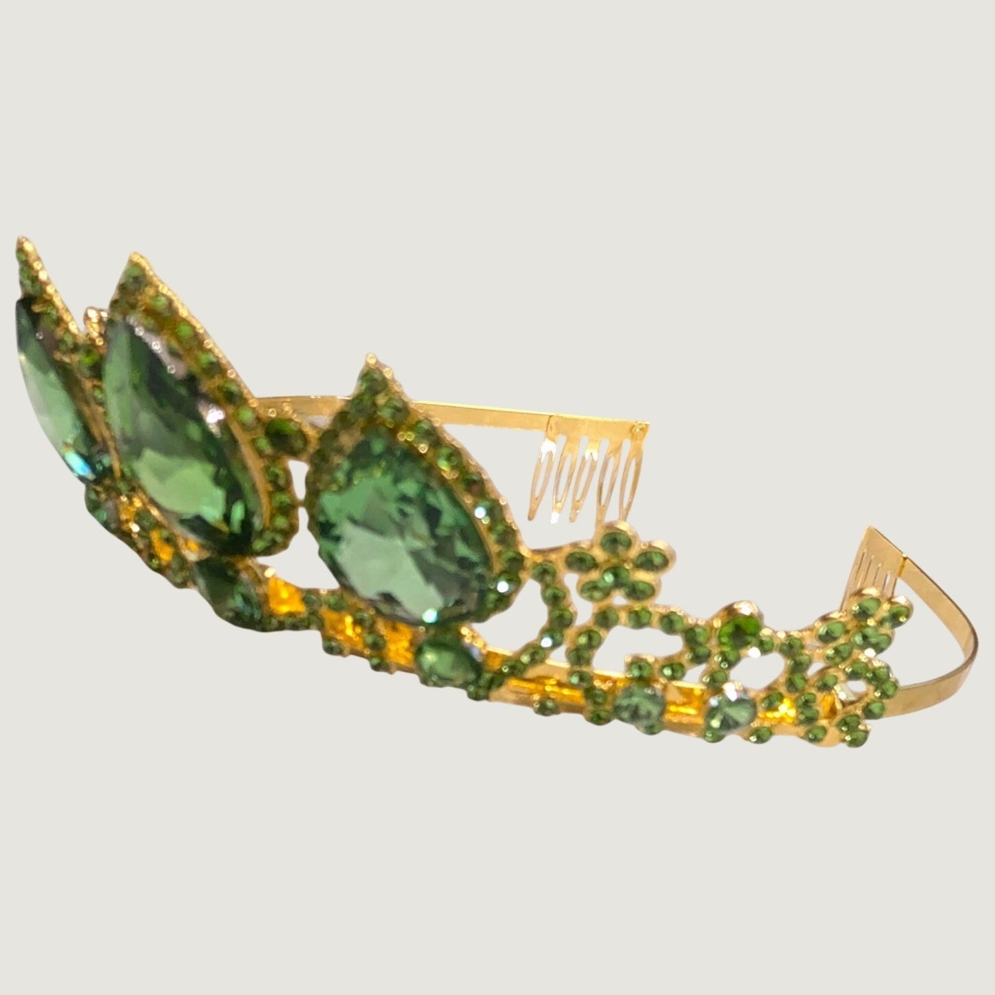 New Tiara Crown Green Gold Tone Rhinestone Crystal Teardrop Pageant Crown August
