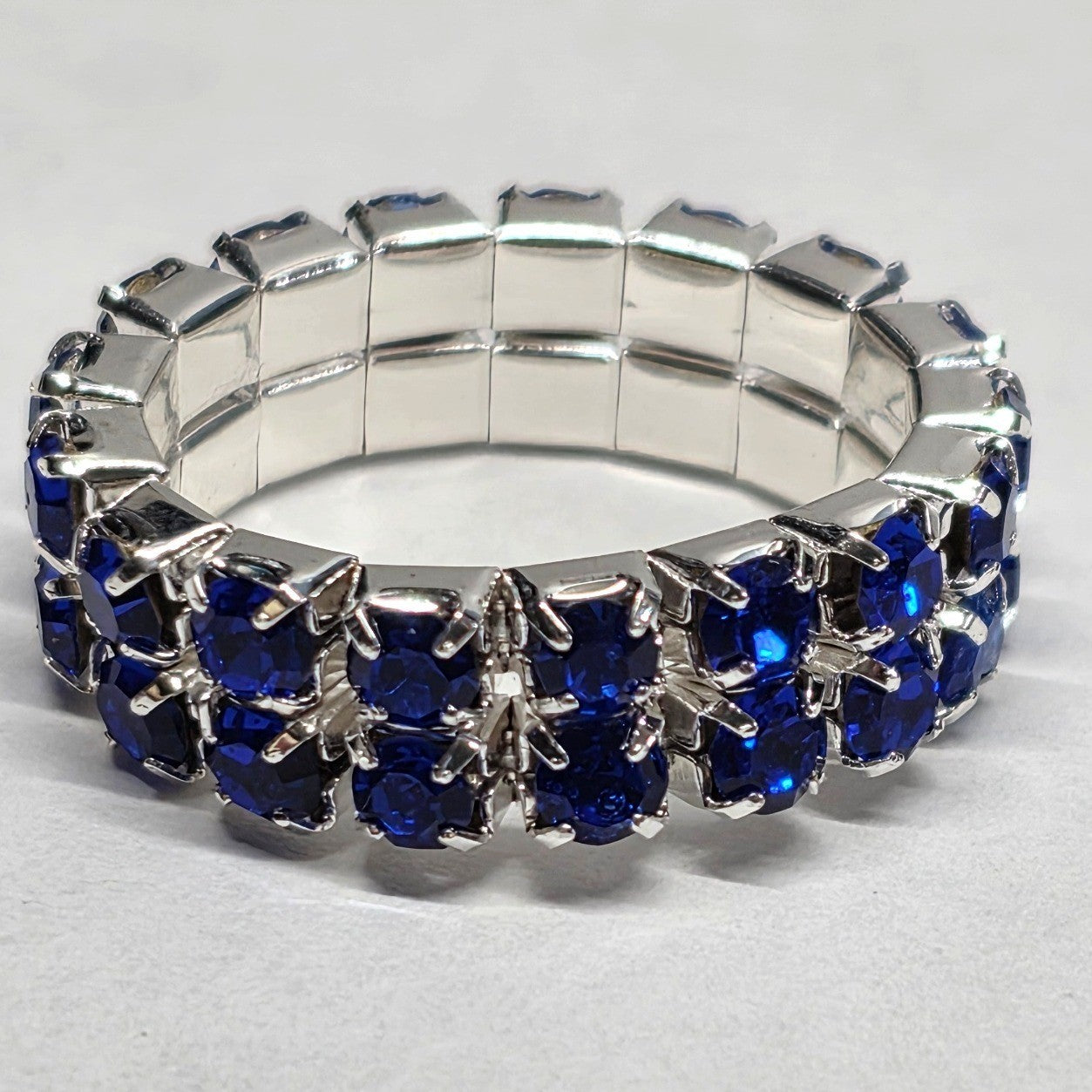 New Blue Rhinestone Stretch Ring Band Two Rows Silver Tone Crystal