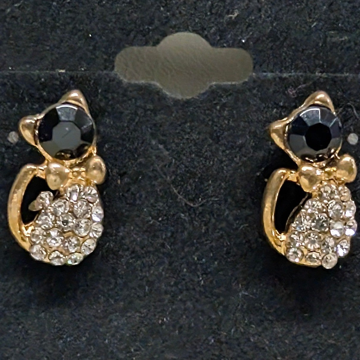 NEW kitty Cat Kitten Feline Rhinestone Stud Earrings Goldtone Black Clear Animal