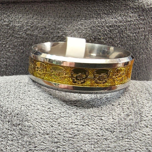 New Inlaid Skulls Comfort Band Ring Mens Size 14 Gold Silver Tones Goth Biker