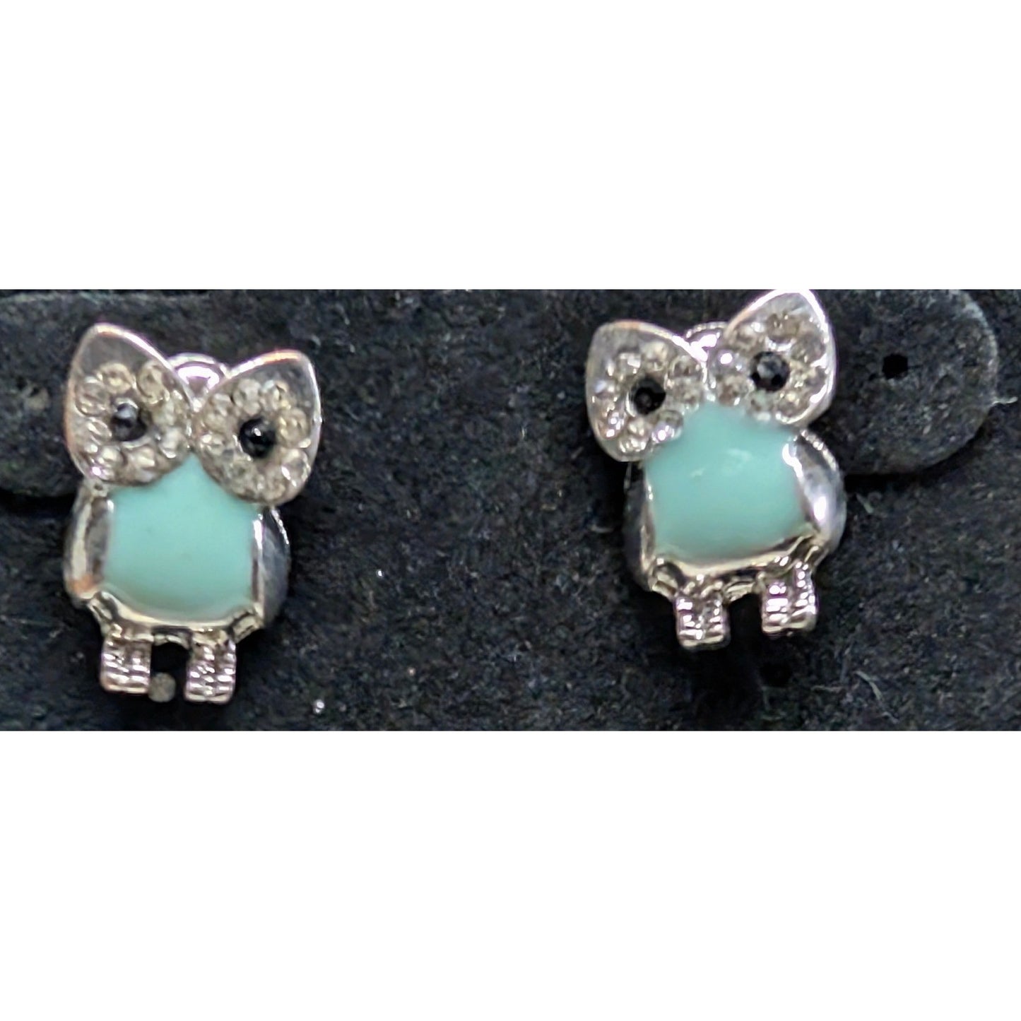 New Owl Earrings Bird Lover Teal Blue Enamel Silver Tone Clear Black Rhinestones