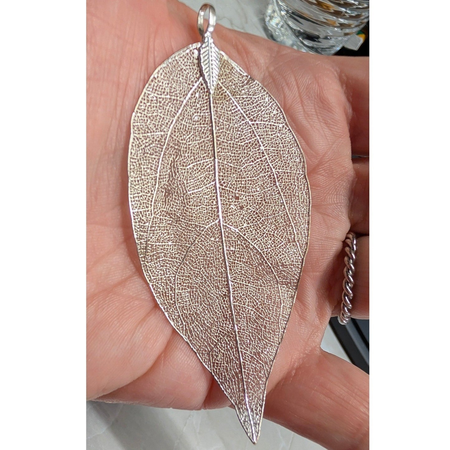 Vtg Real Leaf Filigree Pendant 3" Silver PLated ? Skeleton Leaf Nature Statement