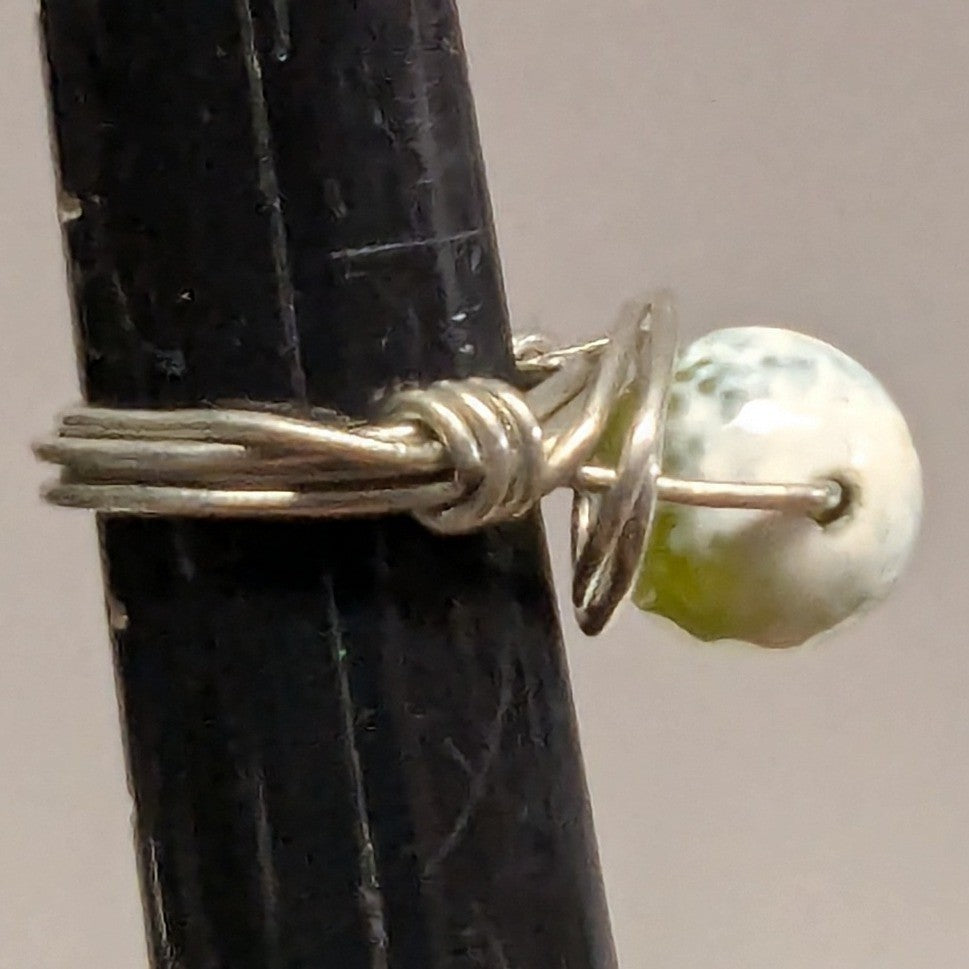 Handmade Wire Wrapped Ring Womens Size 6.5 Green White Agate Spinning SilverTone