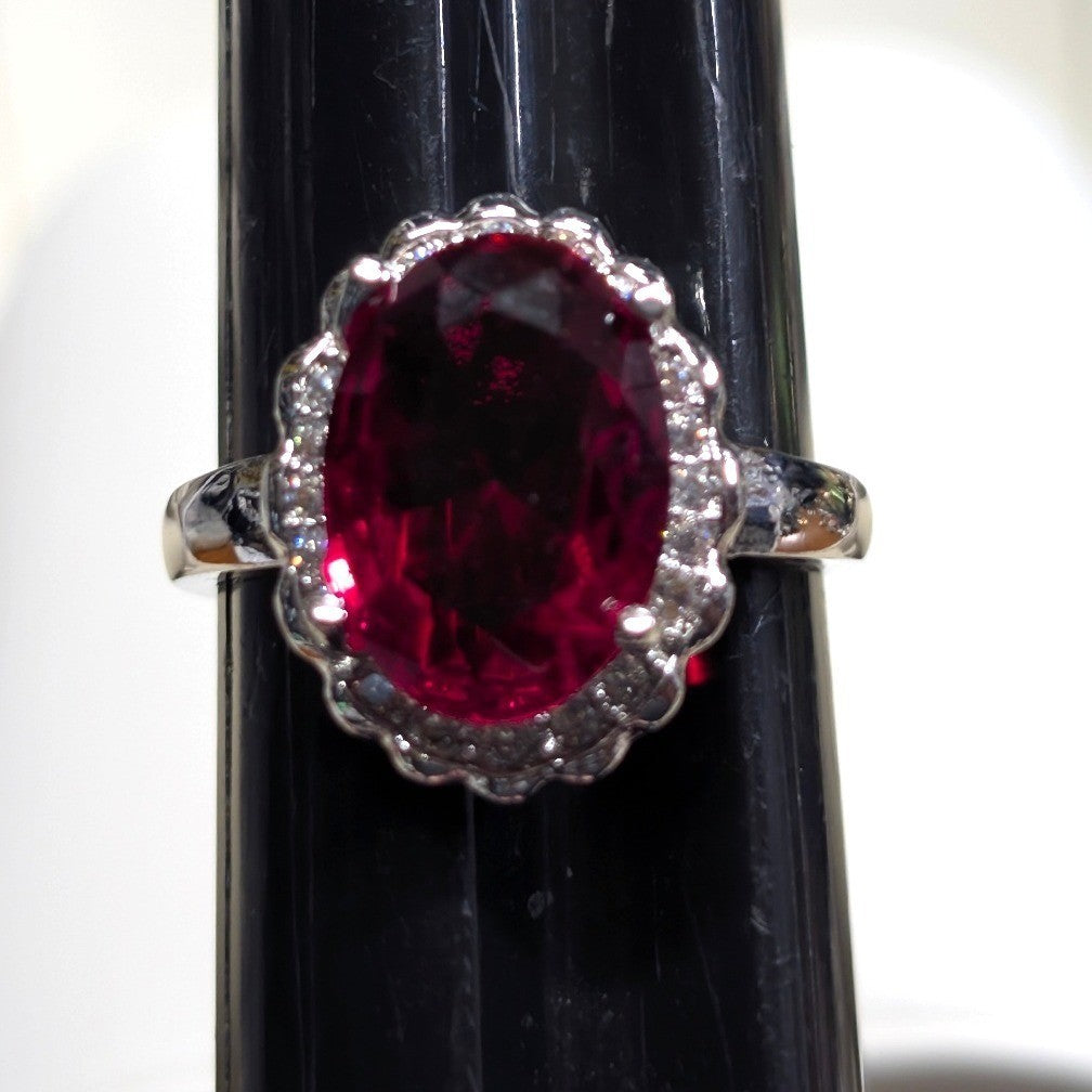 New 925 Marked Red Stone Halo Ring Plus Size 9.5 SilverTone Oval Rhinestones