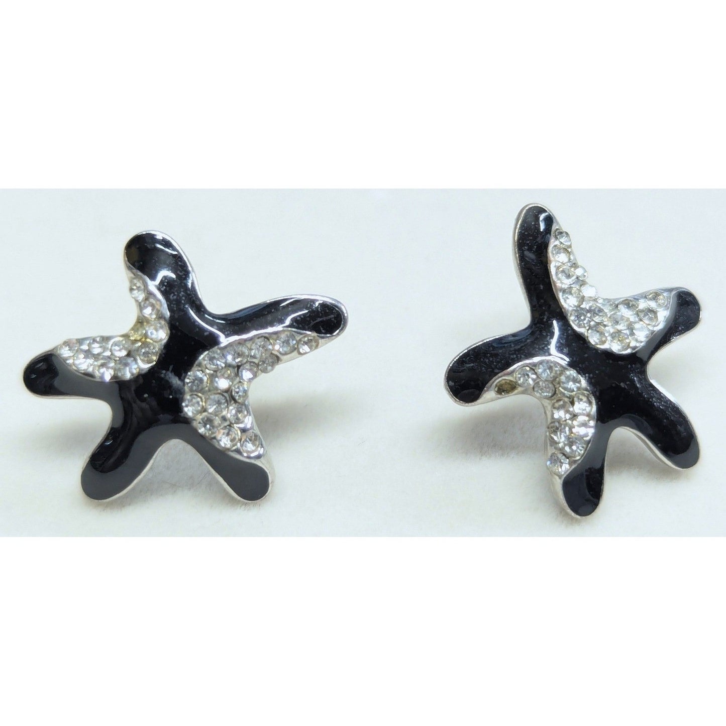 Vtg Black Enamel Rhinestone Stars Starfish Post Earrings Coastal Nautical .75 in