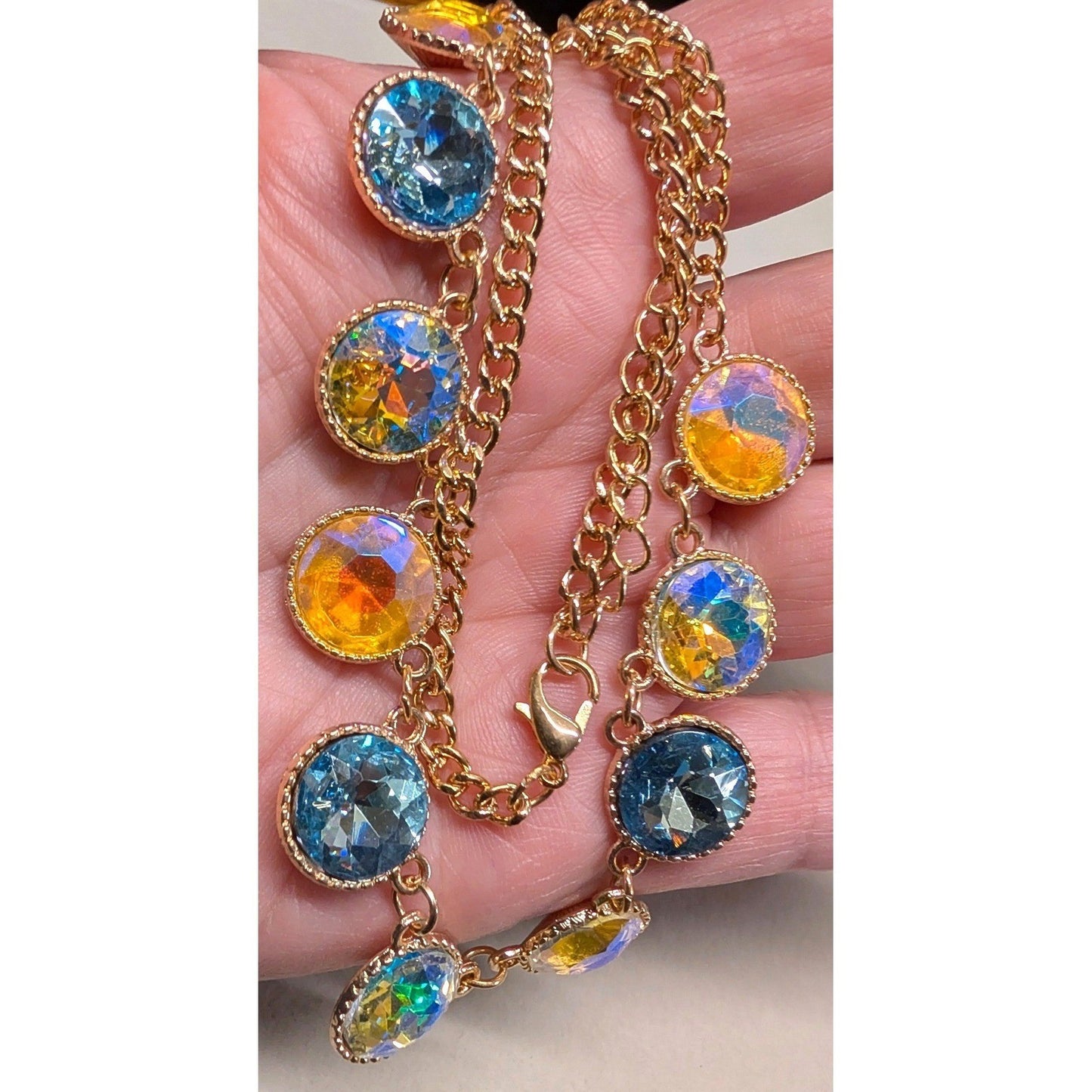Statement 20" Necklace GoldTone Iridescent Blue Crystal AB Aurora Borealis