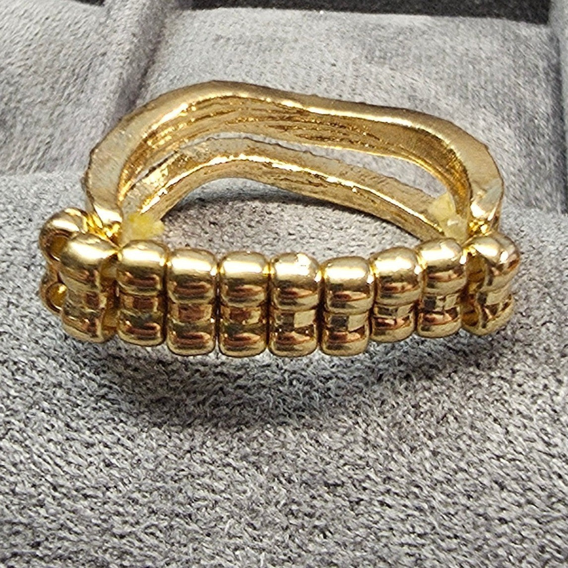 New Double 2 Wave Layers Rows Clear Rhinestone Stretch Ring Band Gold Tone Stack