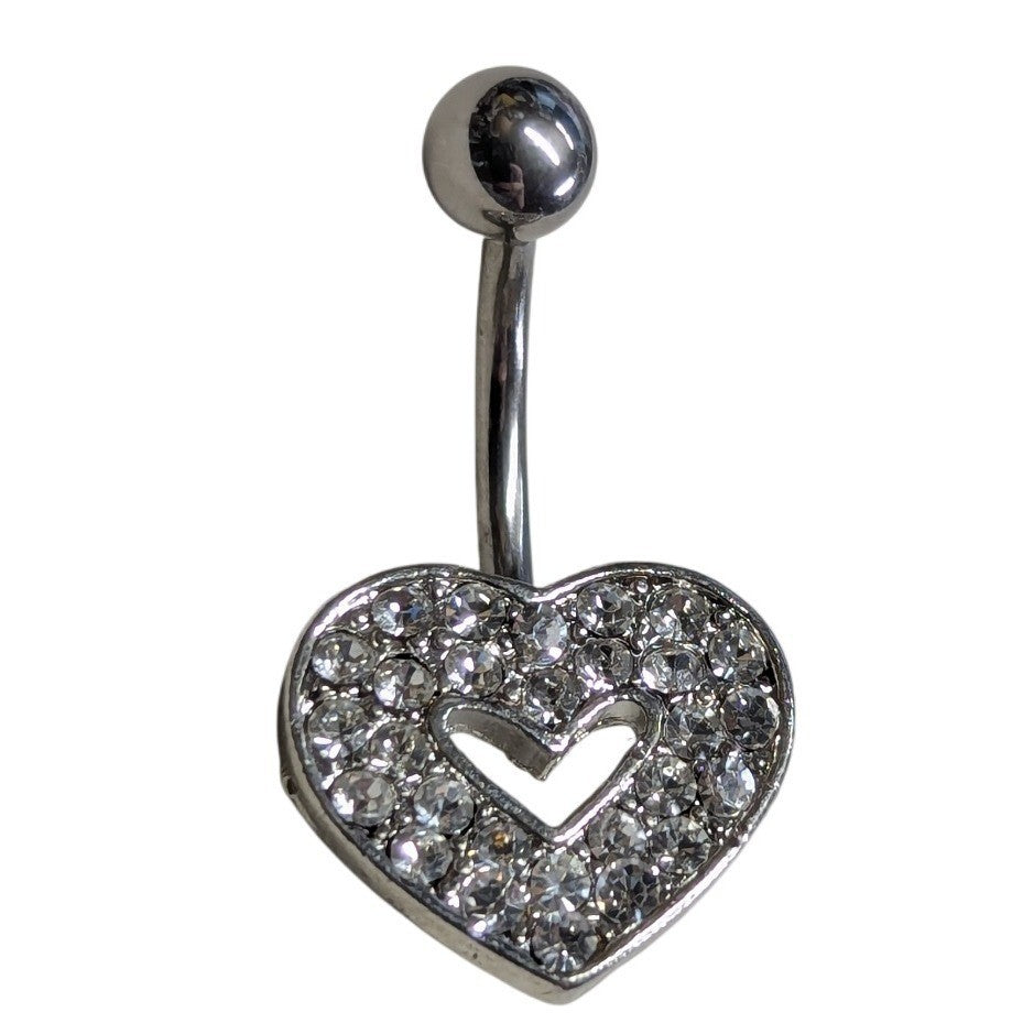 Heart Belly Button Ring SilverTone Clear Rhinestones Curved Barbell Navel