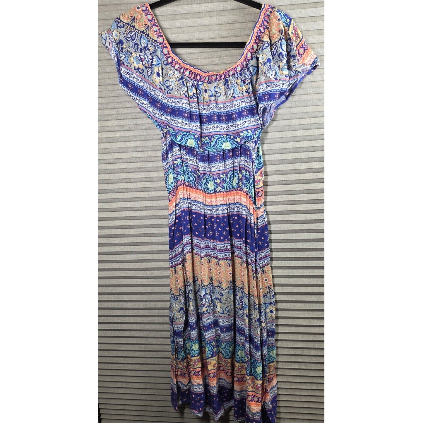 J for Justify Boho Paisley Floral Print Dress L Lg Large Slits Blue Orange Rayon