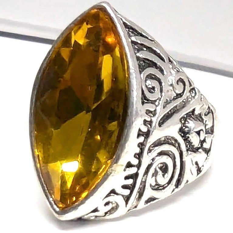 SilverTone Marquise Faceted Yellow Citrine November Statement Ring Plus Size 11