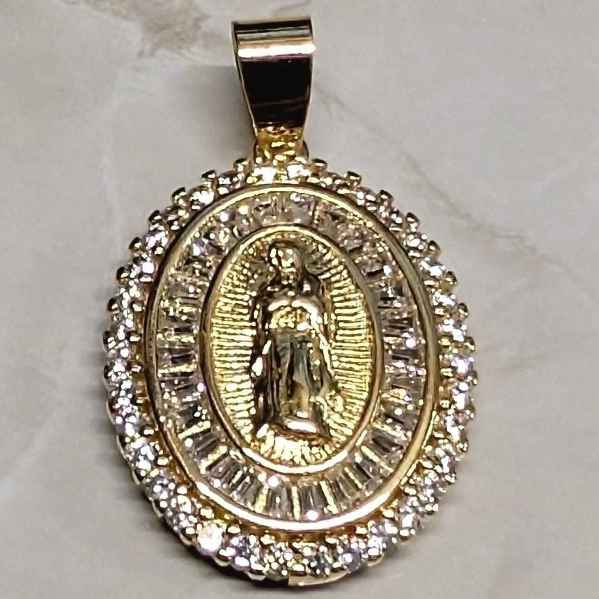New Virgin Mary Our Lady of Guadalupe Pendant Gold Flashed Clear Rhinestones CZs