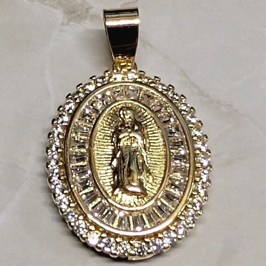 New Virgin Mary Our Lady of Guadalupe Pendant Gold Flashed Clear Rhinestones CZs