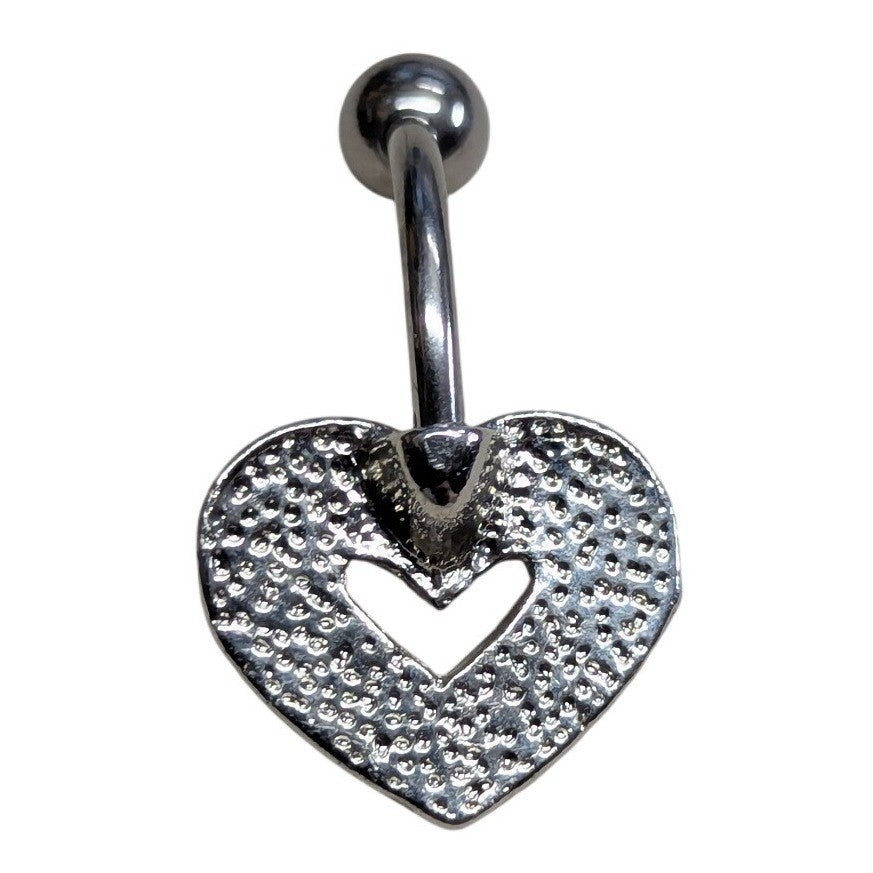 Heart Belly Button Ring SilverTone Clear Rhinestones Curved Barbell Navel