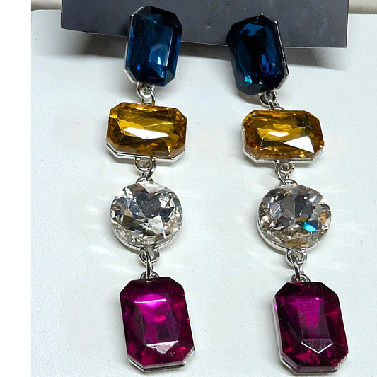 NEW Crystal Drop Dangle Earrings Blue Yellow Clear Pink Long Silvertone Sparkly
