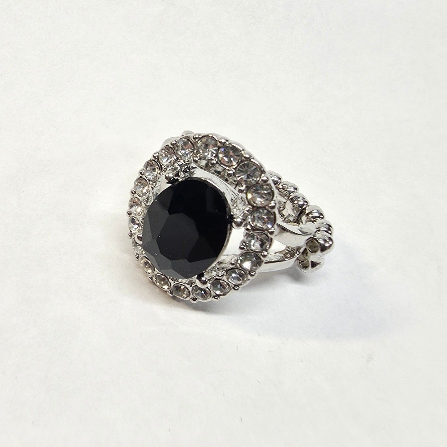 New Statement Cocktail Ring Stretch Black Oval Faceted Stone Clear Rhinestone