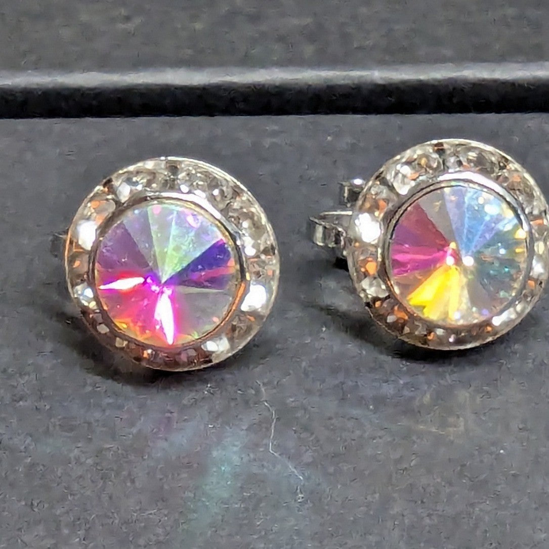 New Clip On Earrings Silver PLated Aurora Borealis AB Crystal Halo Round Wedding