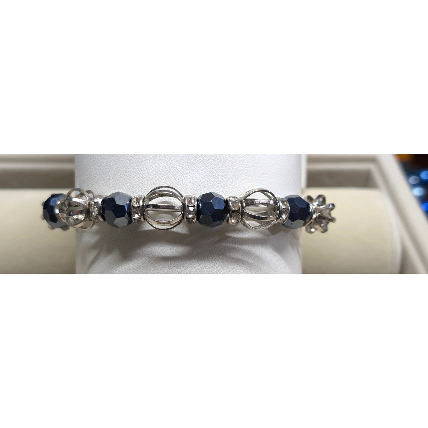 New Beaded Stretch Bracelet Silver Tone Blue Faceted Clear Rhinestone Cage Beads