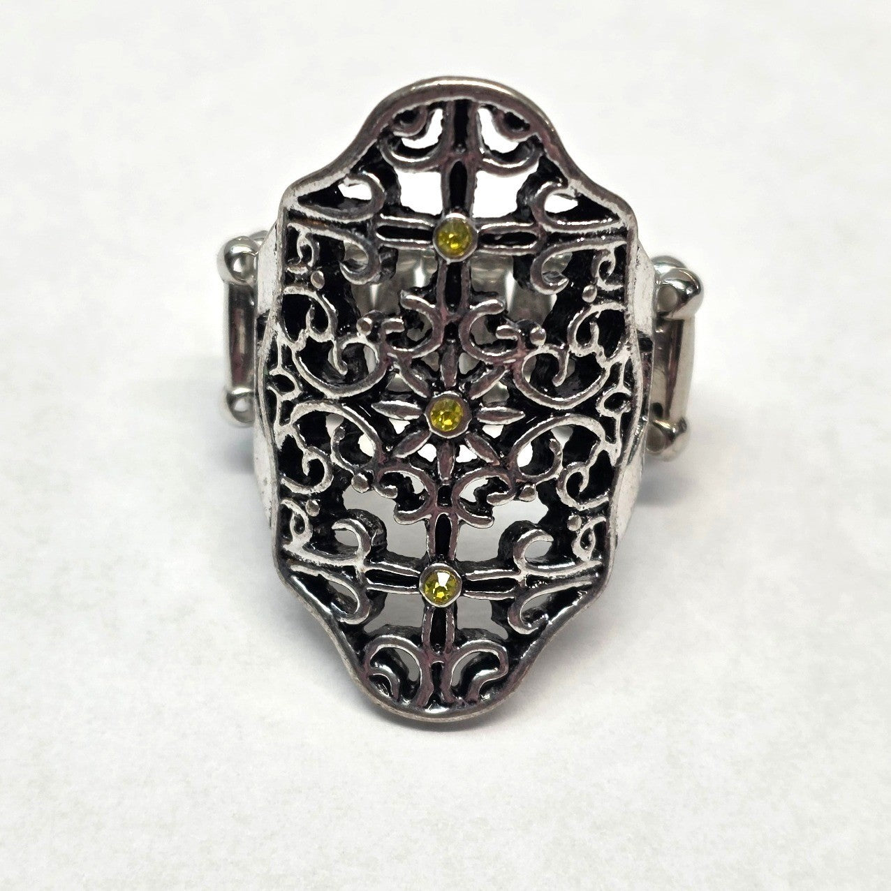 New Filigree Cross Shield Ring Silver Tone Yellow Rhinestone Stretch Band Chunky