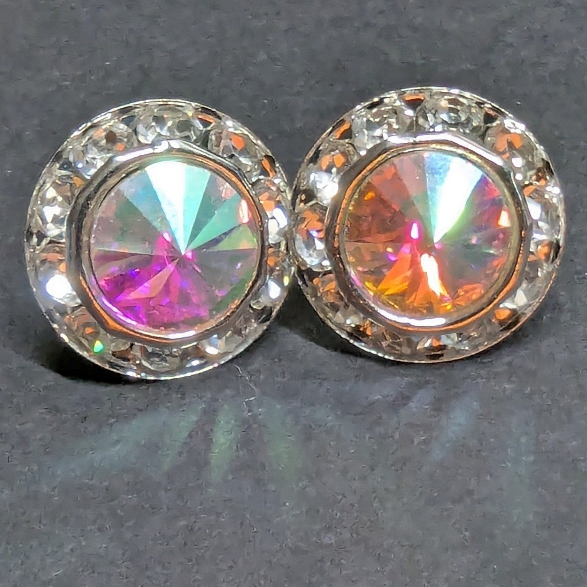 New Aurora Borealis AB Halo Rhinestones Clip On Earrings Silver PLated Wedding