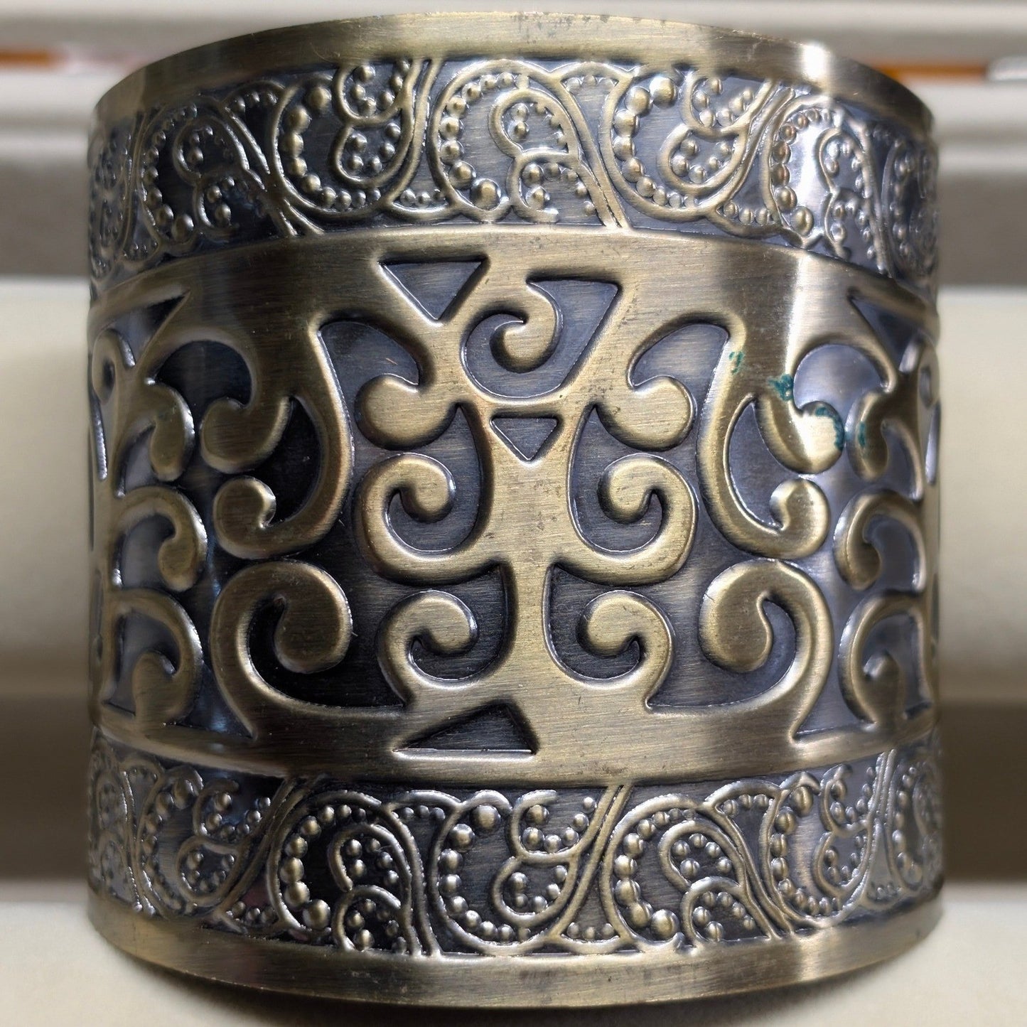 Vintage Ornate Filigree Cuff Bracelet Bronze Gold Silver Tones Mixed Metal Wide