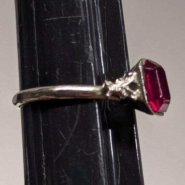Vintage Uncas Faux Ruby Red Emerald Cut Ring Adjustable Silver Tone Filigree