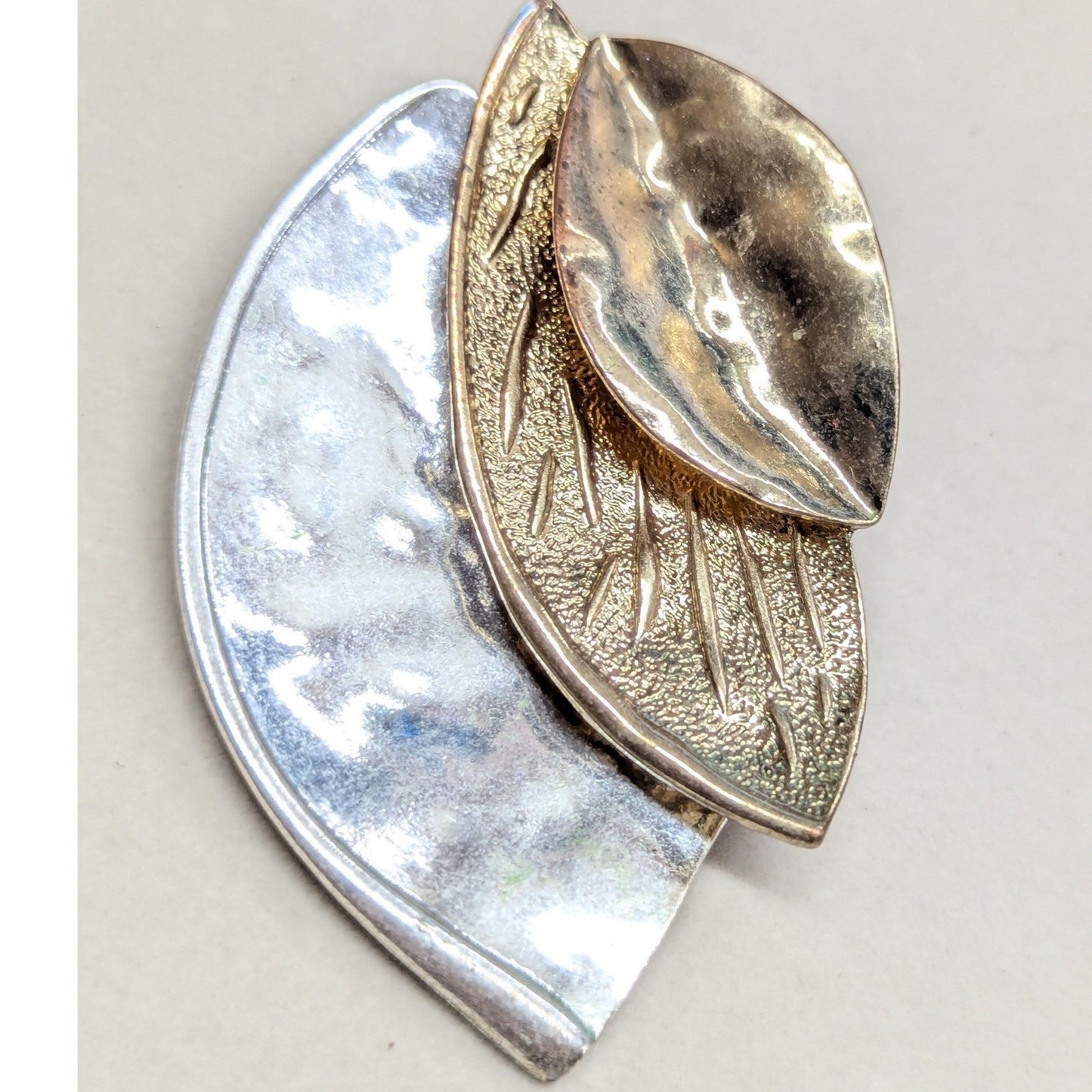 Vintage Mixed Metal 3 Inch Leaf Pendant Gold Silver Tone Hammered Organic Modern