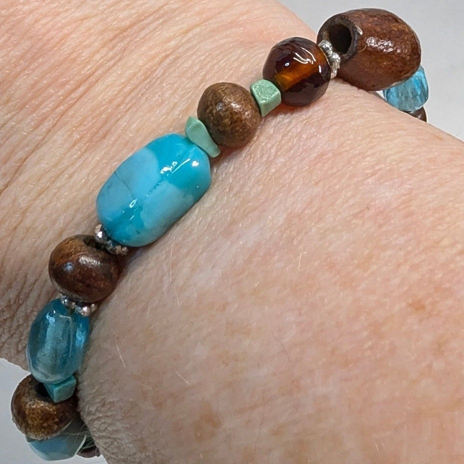 Beaded Stretch Bracelet Blue Brown Wood Glass Stone Beads Boho Eclectic Handmade