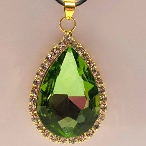 New 1.75" Pendant Peridot Green Gold Tone Clear Rhinestone Halo Teardrop Faceted