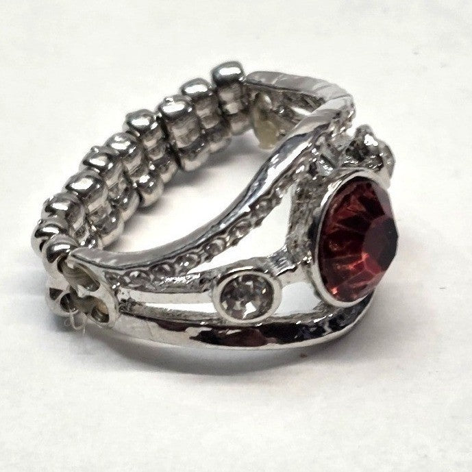 New Red Clear Round Rhinestone Stretch Band Ring Plus size Silver Tone