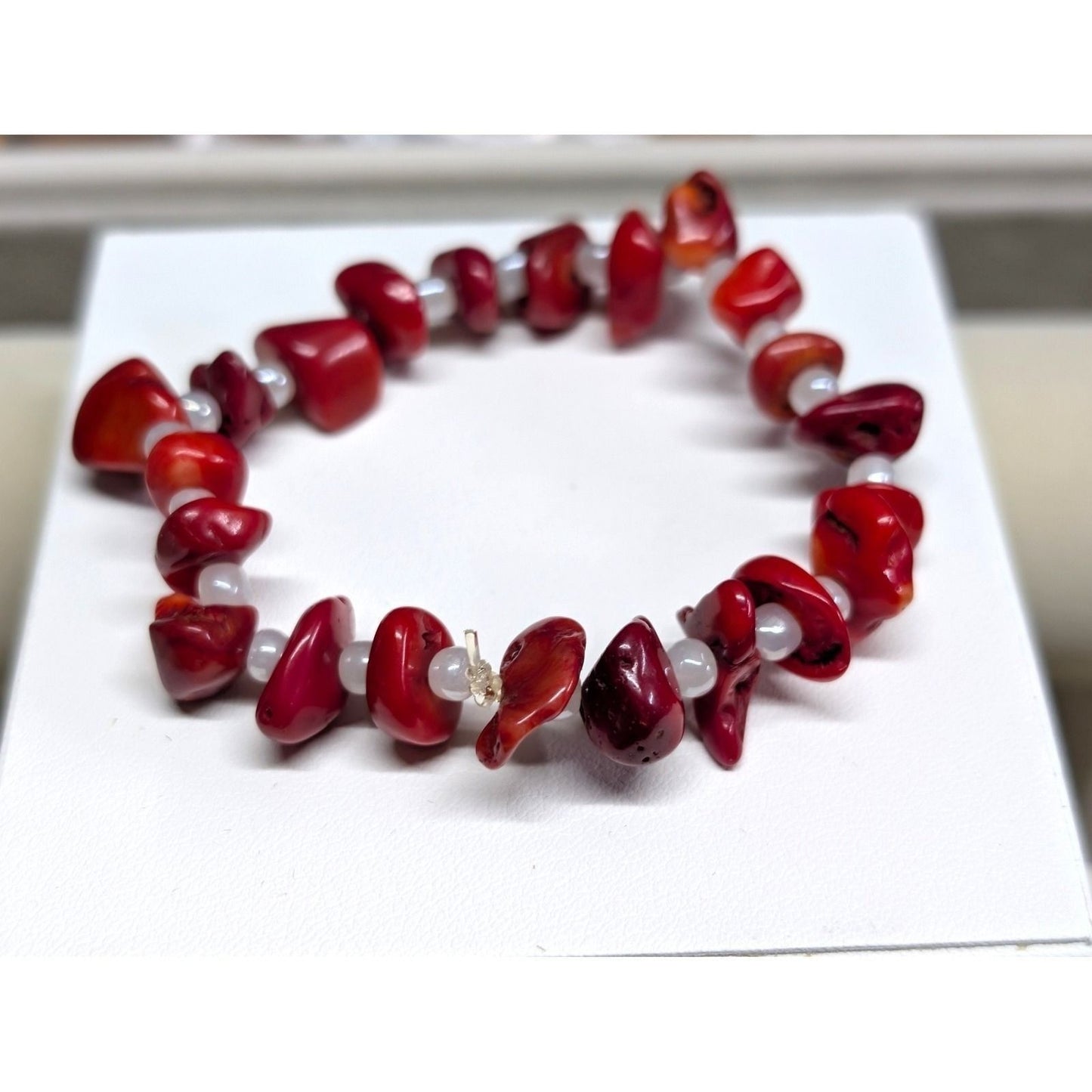Red Coral ? Nugget Beaded Stretch Bracelet Boho Organic Natural Stone White Bead