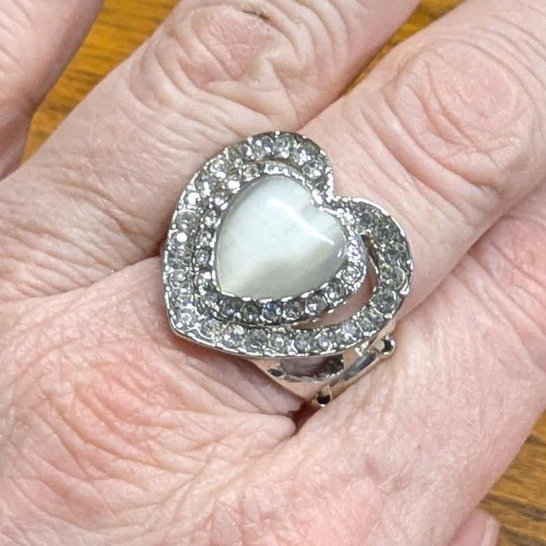 New Heart Ring Silver Tone Cat Eye Moonstone Rhinestone Stretch Band PLus Size
