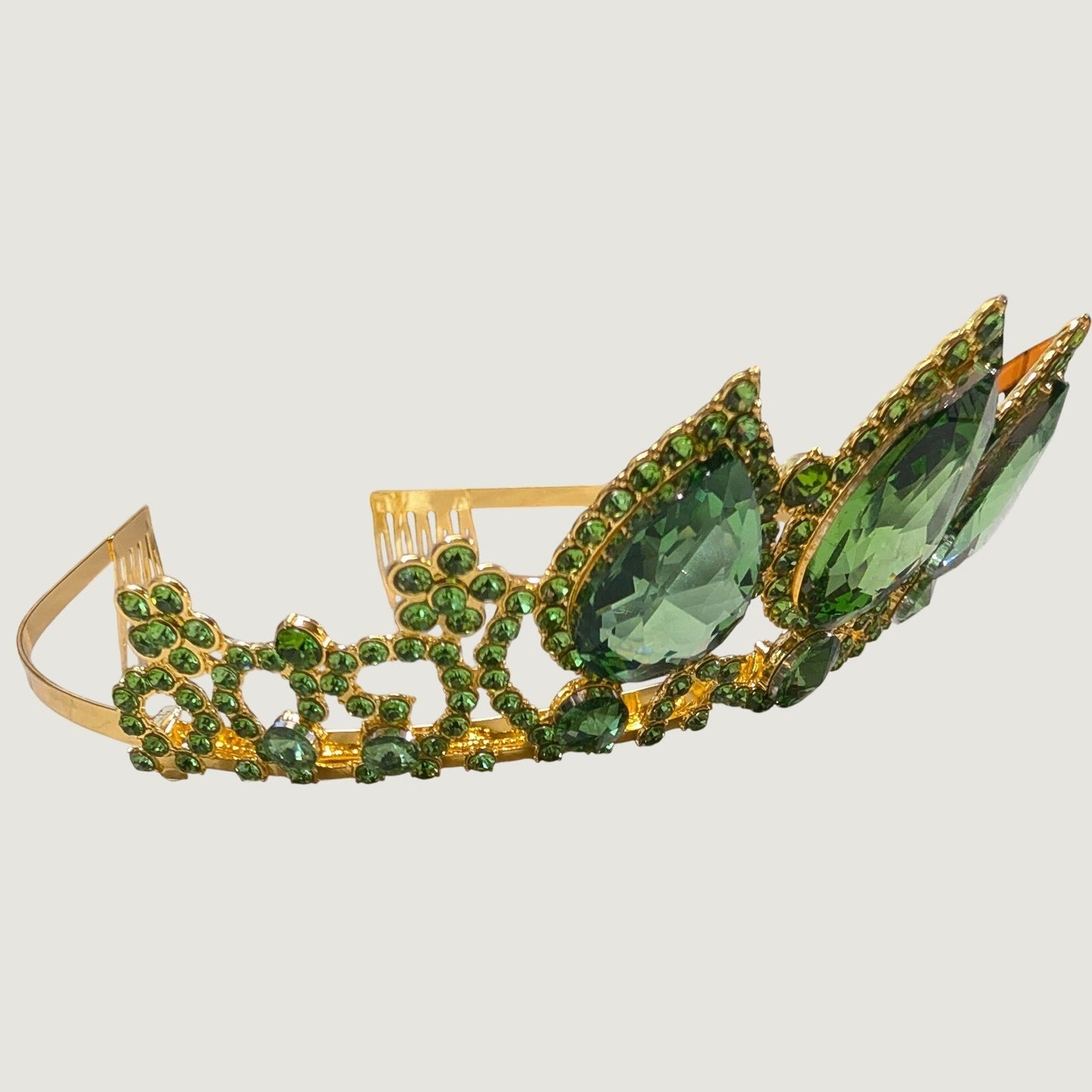 New Tiara Crown Green Gold Tone Rhinestone Crystal Teardrop Pageant Crown August