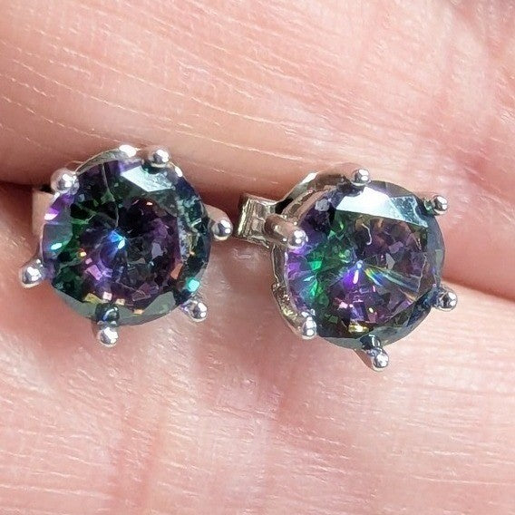 New Mystic Stud Earrings Iridescent Round Silvertone Jewelry Store Quality