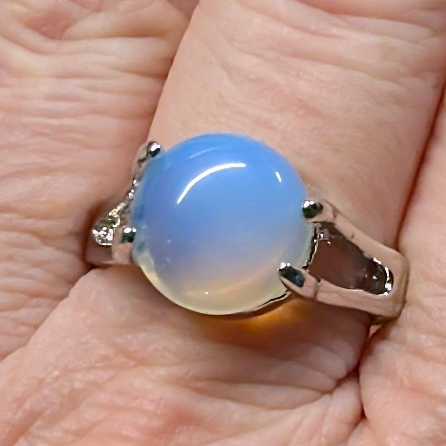 Vtg New Moonstone Opalite Cabochon Ring Size 10.5 SilverTone Split Shank Round