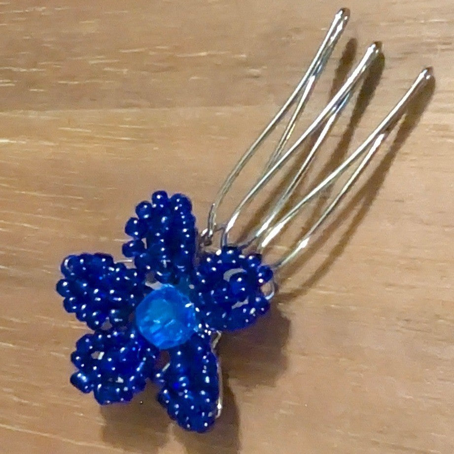 Vintage Cobalt Blue Glass Beads Beaded Flower Hair Comb SilverTone Floral Flower