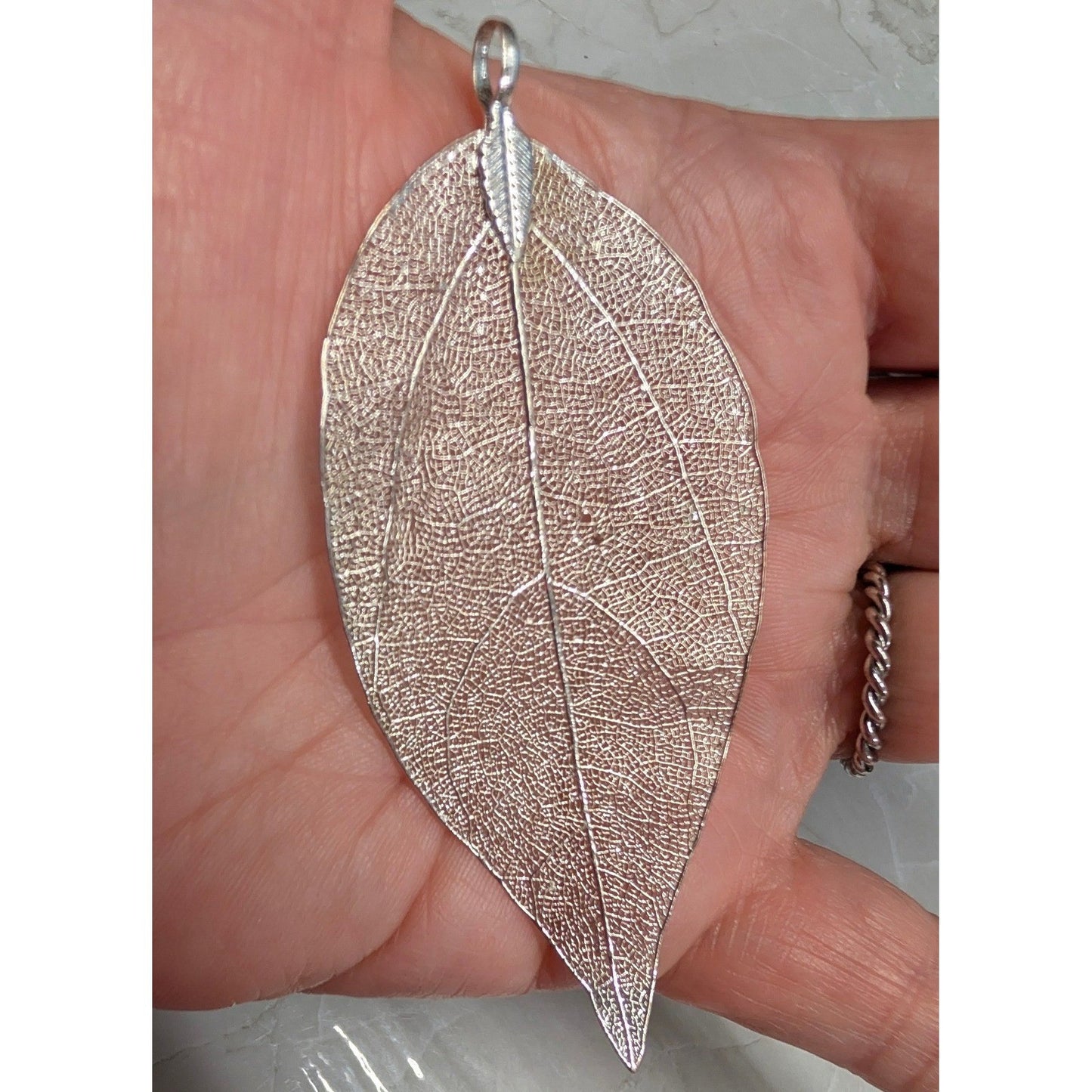 Vtg Real Leaf Filigree Pendant 3" Silver PLated ? Skeleton Leaf Nature Statement