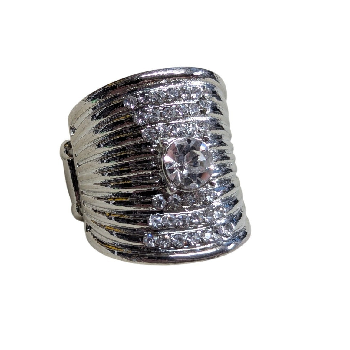 New Wide Band Clear Rhinestone Ring Silver Tone Ribbed Statement Noodle Cocktail