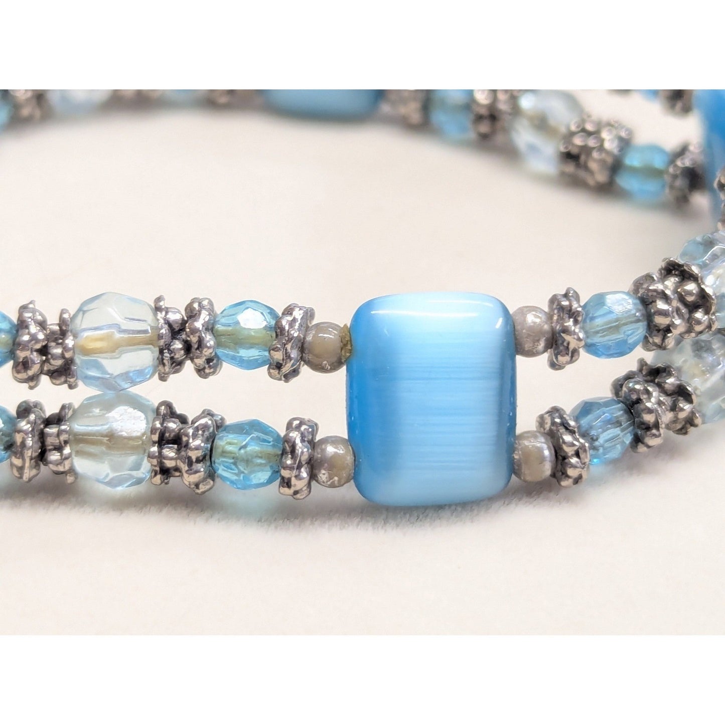 Vintage Beaded Stretch Bracelet Blue Cats Eye 2 Strand SilverTone Clear Beads