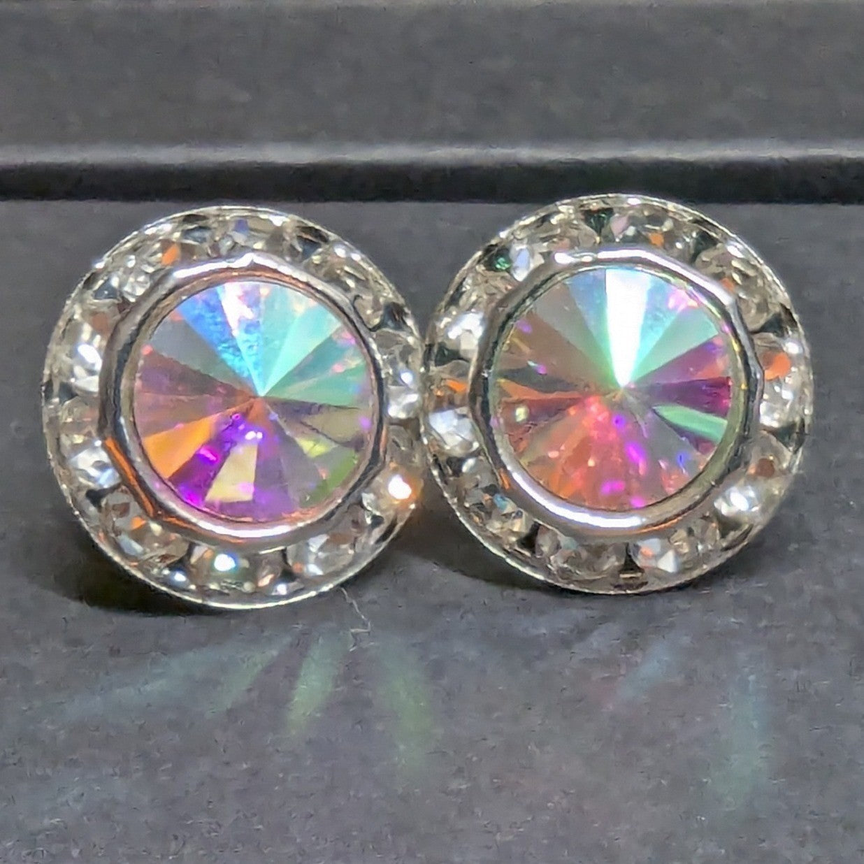New Aurora Borealis AB Halo Rhinestones Clip On Earrings Silver PLated Wedding