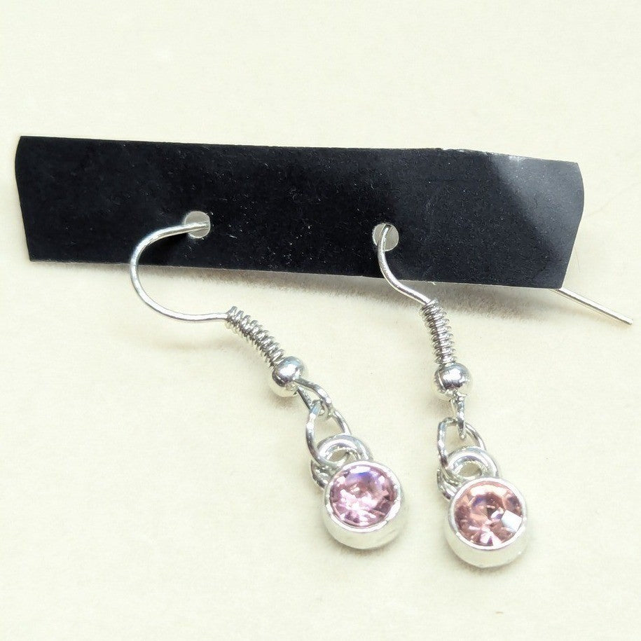 New Pink Rhinestone Drop Dangle Earrings SilverTone Dainty Sparkle Round Faceted