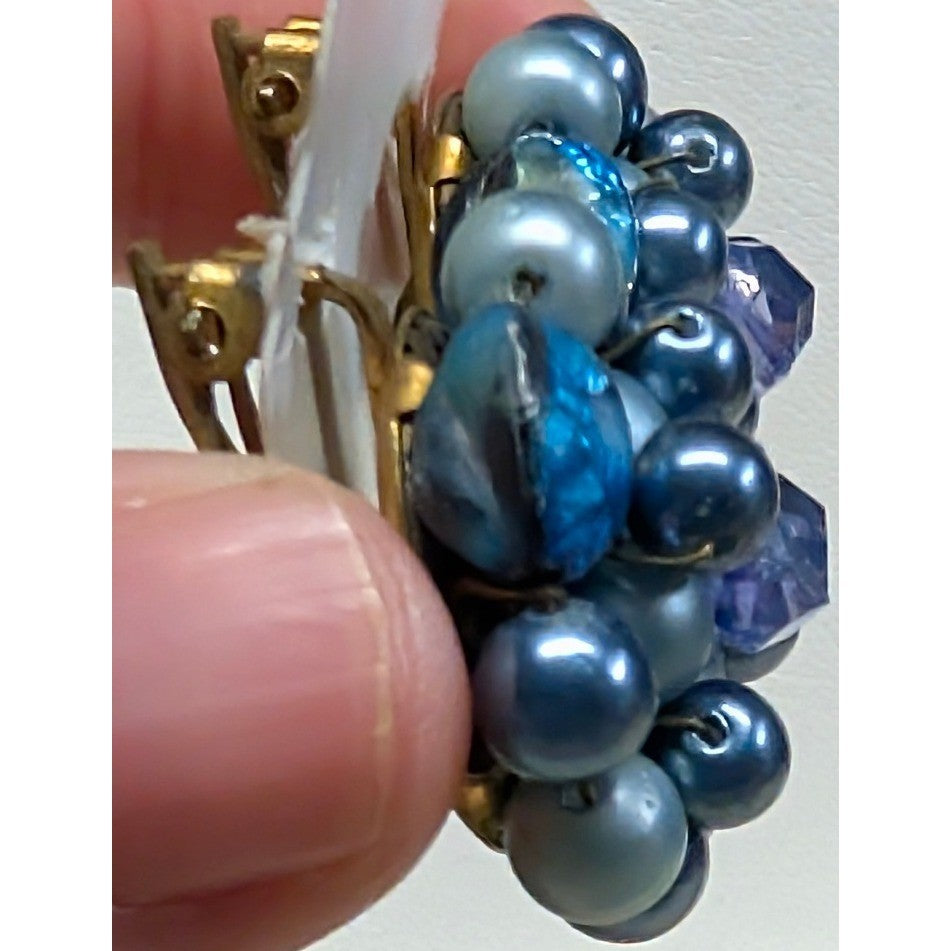 Vintage Japan Beaded Cluster Clip On Earrings Blue Faux Pearl Crystal Handmade