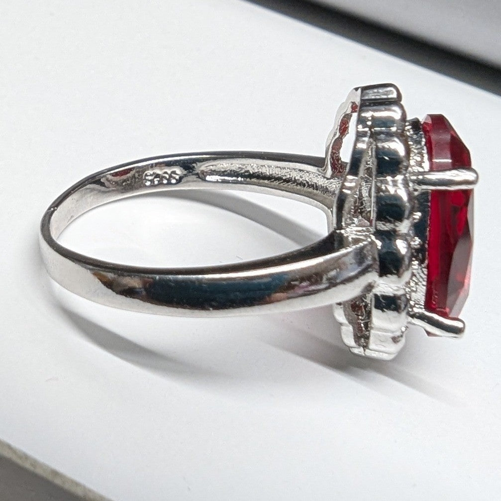 New 925 Marked Red Stone Halo Ring Plus Size 9.5 SilverTone Oval Rhinestones