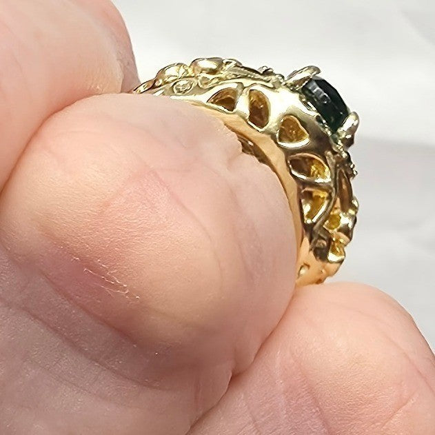 New GoldTone Green Stone Oval Cut Statement Ring Size 7.5 Filigree Band Chunky