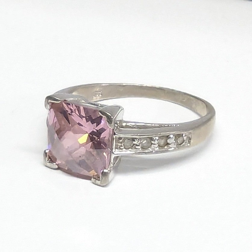 Sterling Silver 925 Pink Stone Ring Size 6.5 Square Cut Faceted Clear Rhinestone